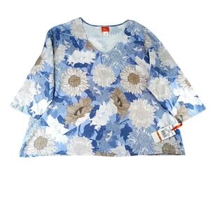 Hearts of Palm Woman Printed V Neck 3/4 Sleeve Top Blue Floral Size 3X